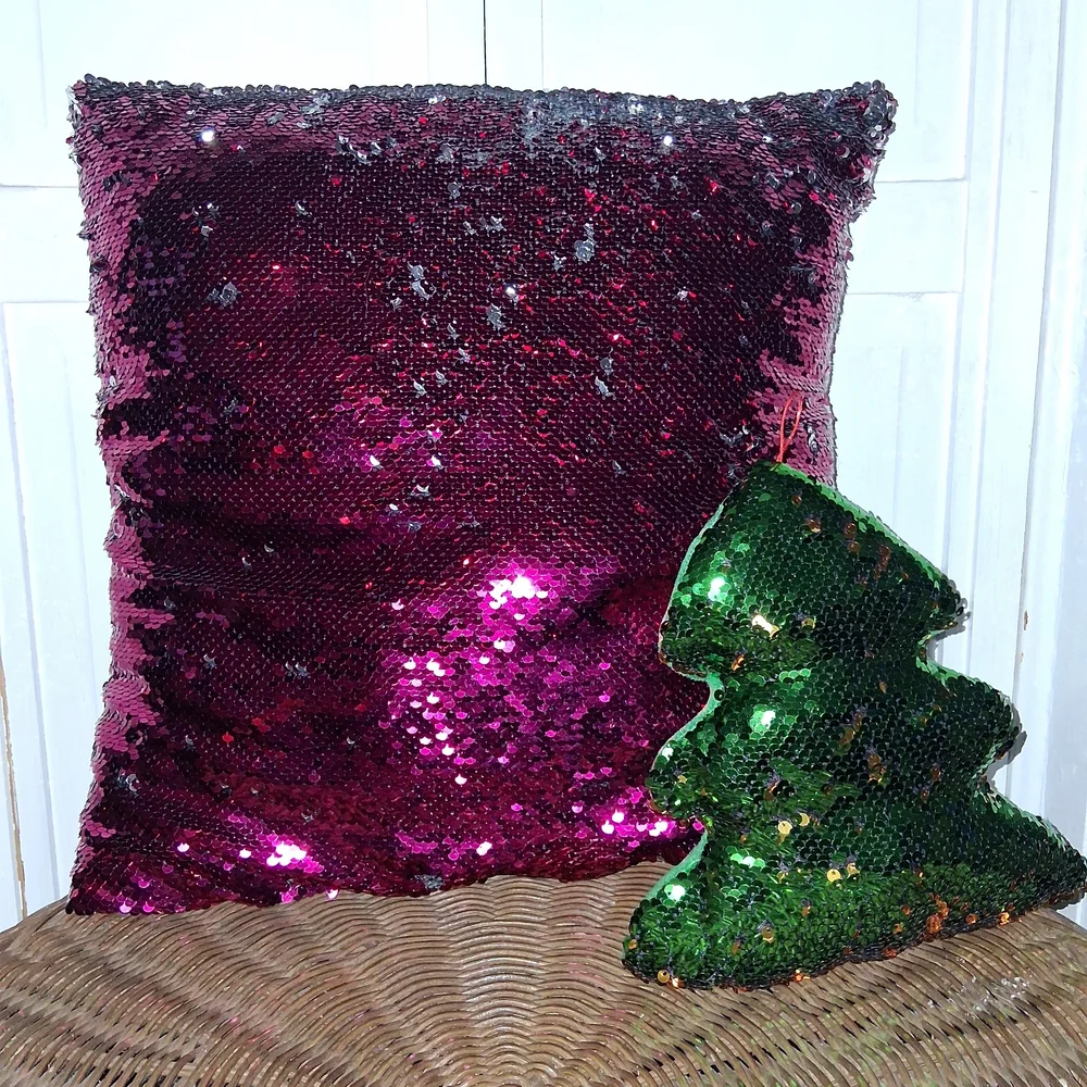 Reversible Sequin Pillow and Tree Ornament Set - Pink and Green